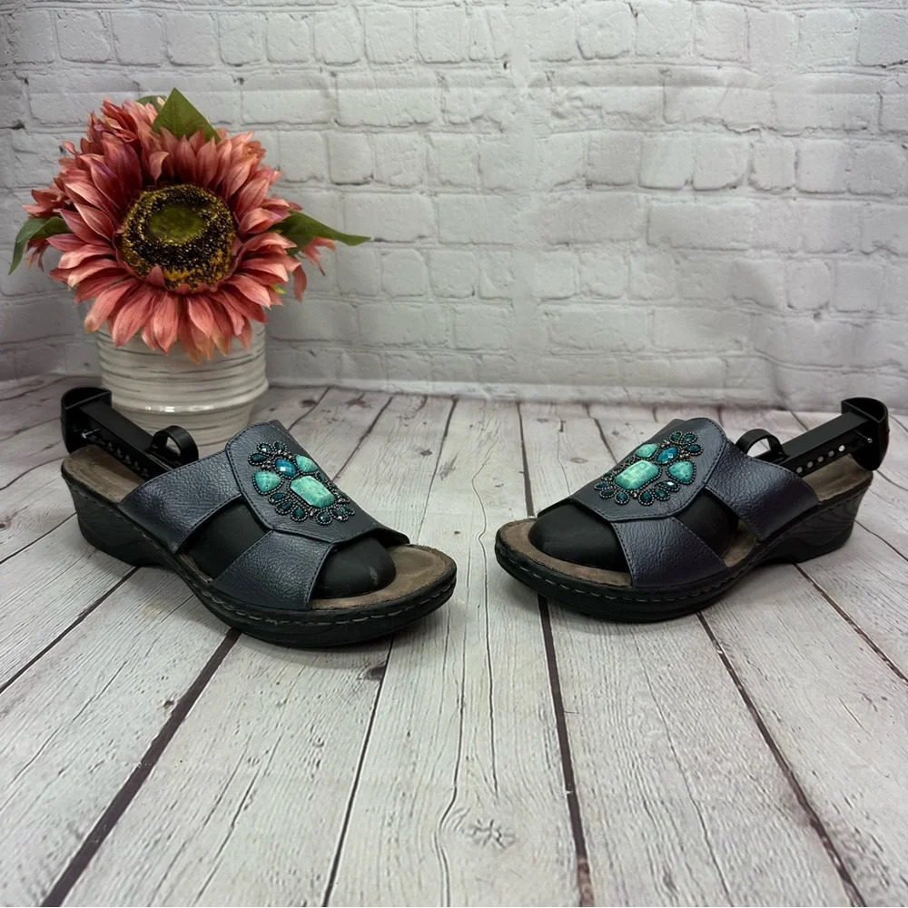 natural soul navy blue wedge sandals sz 8 with faux stone design tropical beach